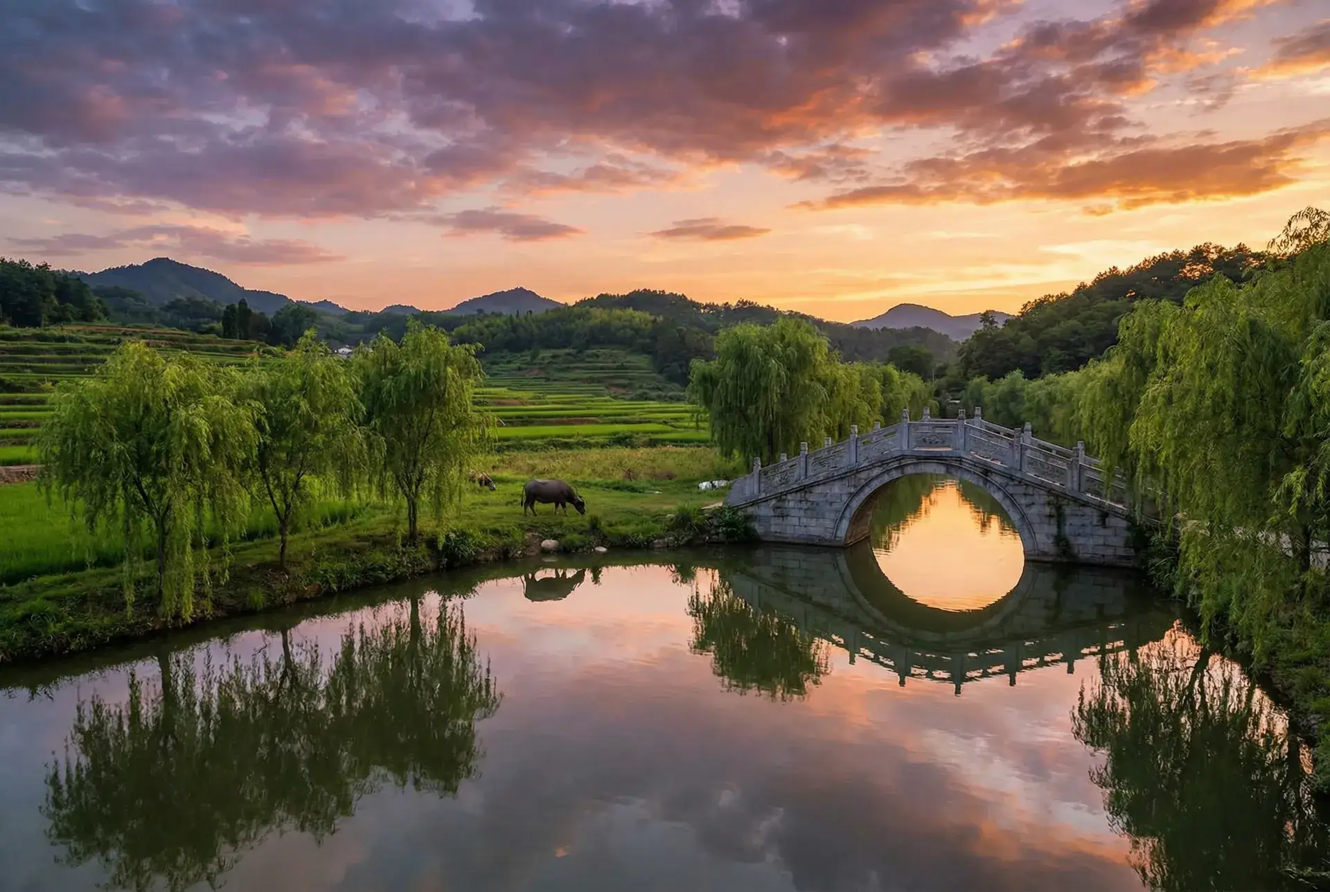 夕阳下的石拱桥与垂柳，水牛在河边吃草 - 琪琪色原网站20岁 乡村美景